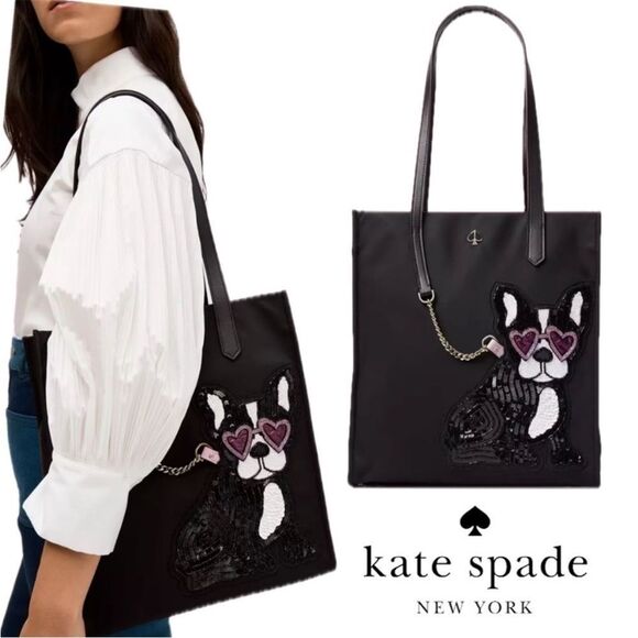 KATE SPADE Black Kitt Francois Bulldog Large North South Tote Laptop Work Bag - Picture 1 of 16